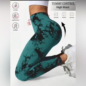 Greenish blue tie dyed High Waisted Tummy Control Leggings yoga pants gym small